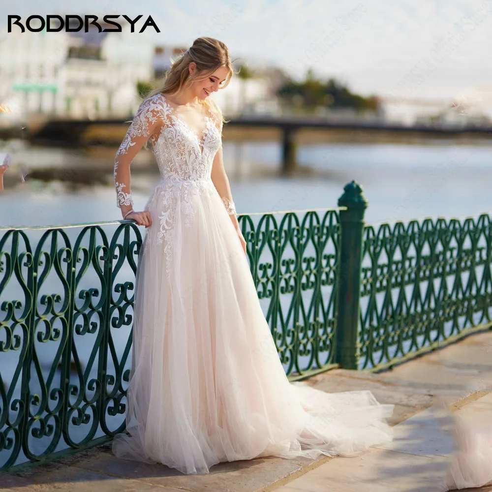 RODDRSYA Customized Wedding Dress Women Long Sleeves Illusion Back Scoop Bride Gown Applique A-Line Tulle Boho vestidos de novia