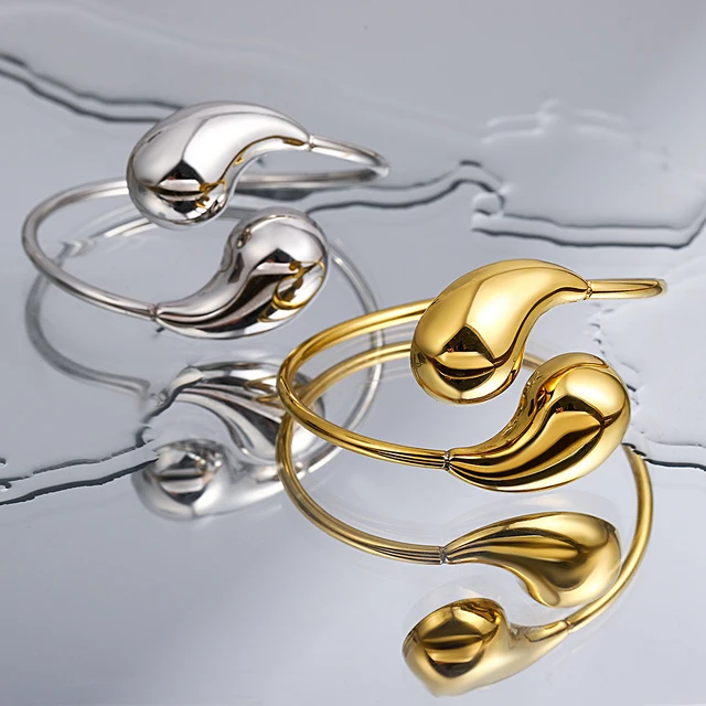 Greatera Unique Design Stainless Steel Hollow Water Drop Cuff Bracelet Bangle for Women 18K Gold Plated Waterproof Jewelry 3