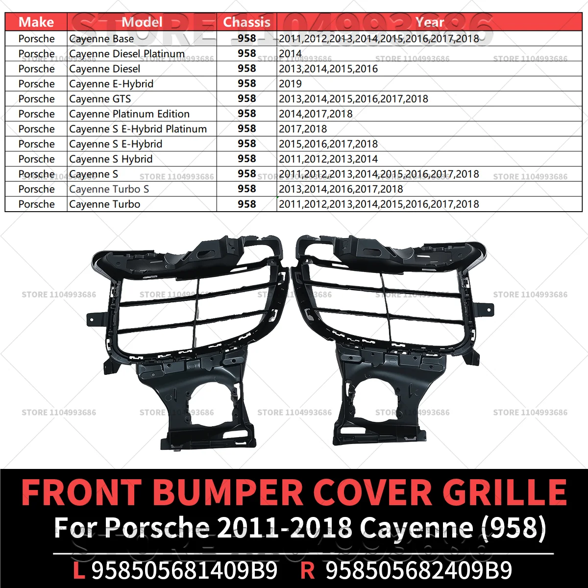 2011-2018 포르쉐 카이엔 (958) 프론트 범퍼 커버 외부 그릴 OEM 958505681409B9 958505682409B9 95850568140 95850568240