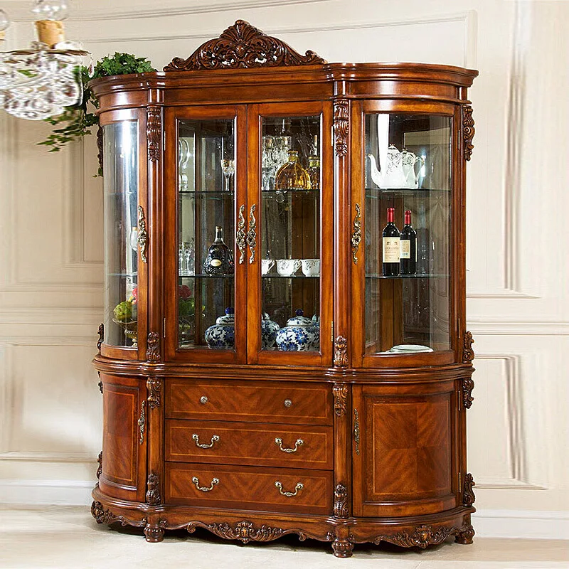 China Classical Floor Display Bar Cabinet Wood Tall Living Room Furniture Decorative Glass Luxury Wine Sideboard For Dining Room