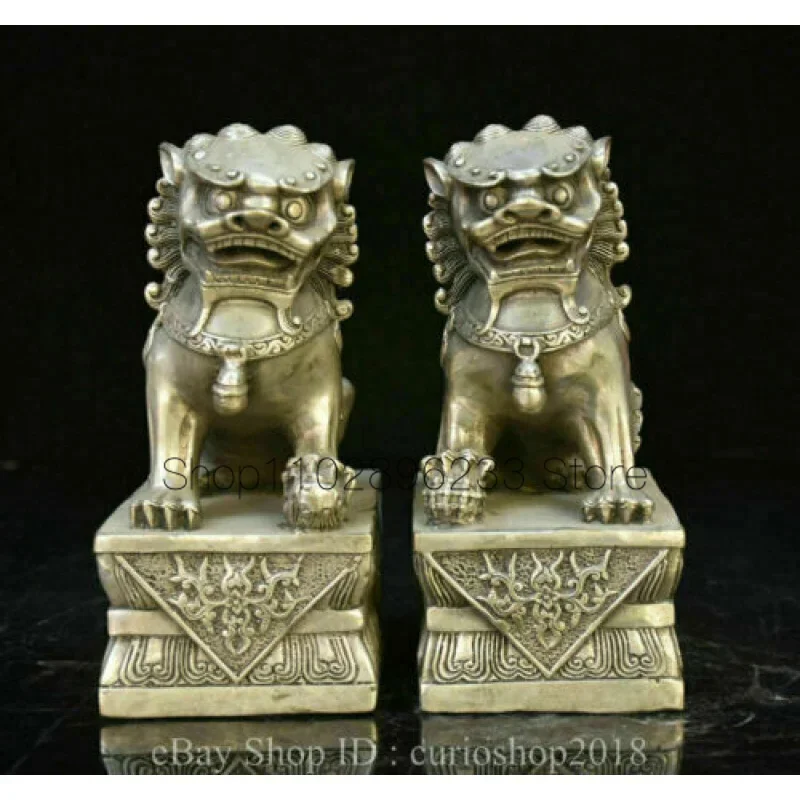 

7 " China Silver Fengshui Animal Fu Dog Guardion Door Lion Bixie Statue Pair