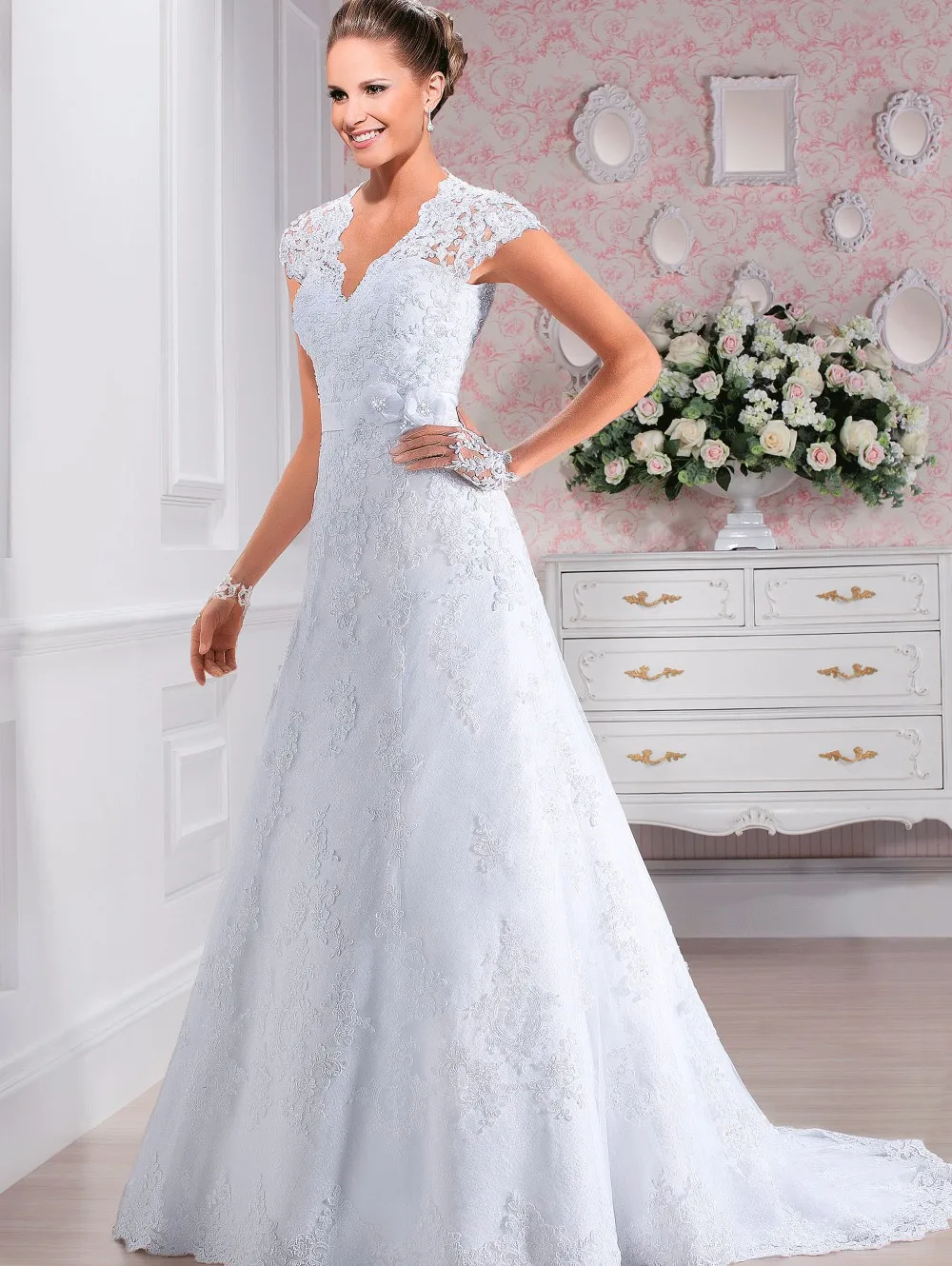 Elegant Square Neck Long Sleeves Lace Up Back Wedding Dresses Appliques Vestido De Noiva main image 0