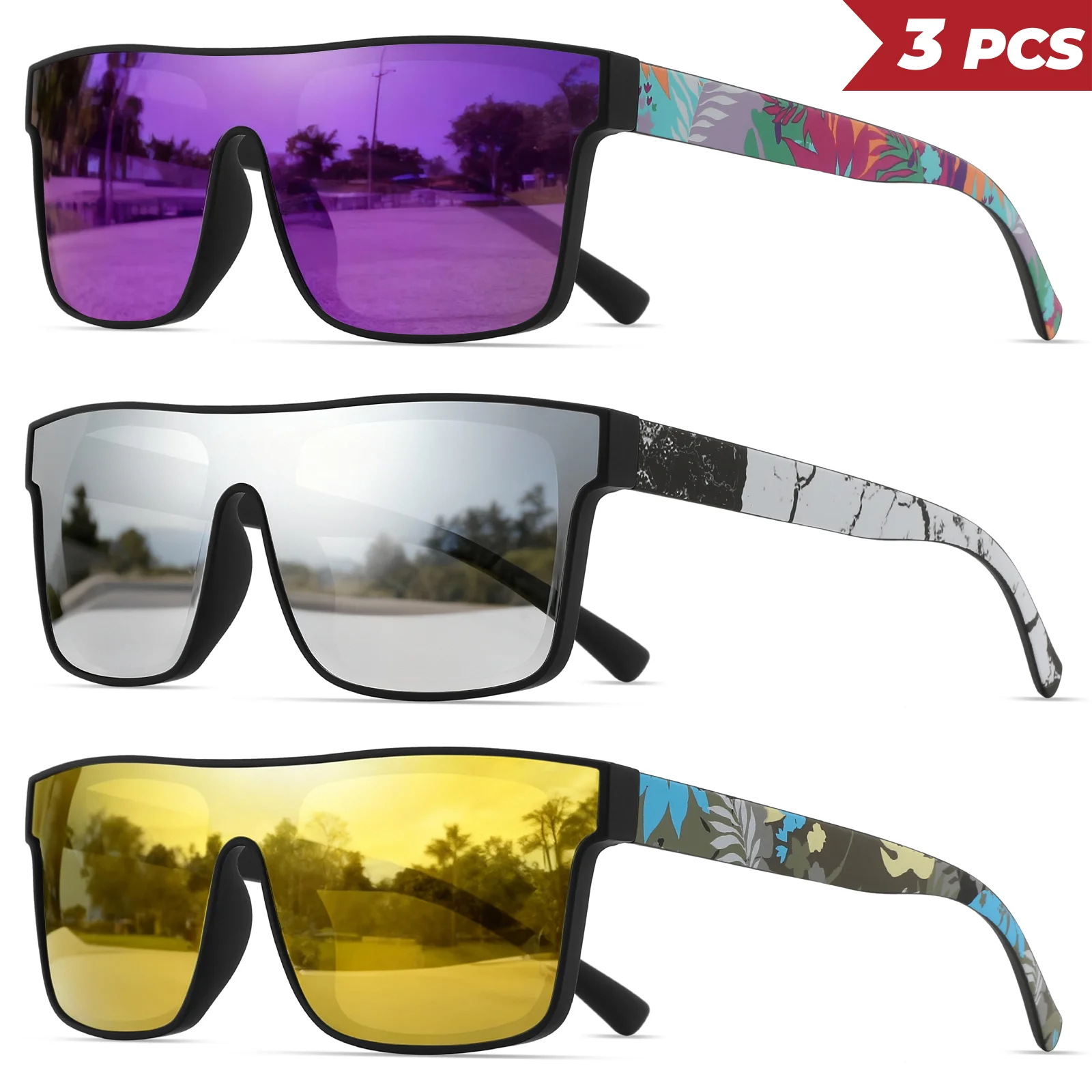 3 Stück klassische quadratische modische Sport-Sonnenbrille – gemusterte Bügel, Unisex für Radfahren, Wandern, Reisen – perfektes Geschenk – Detail 9