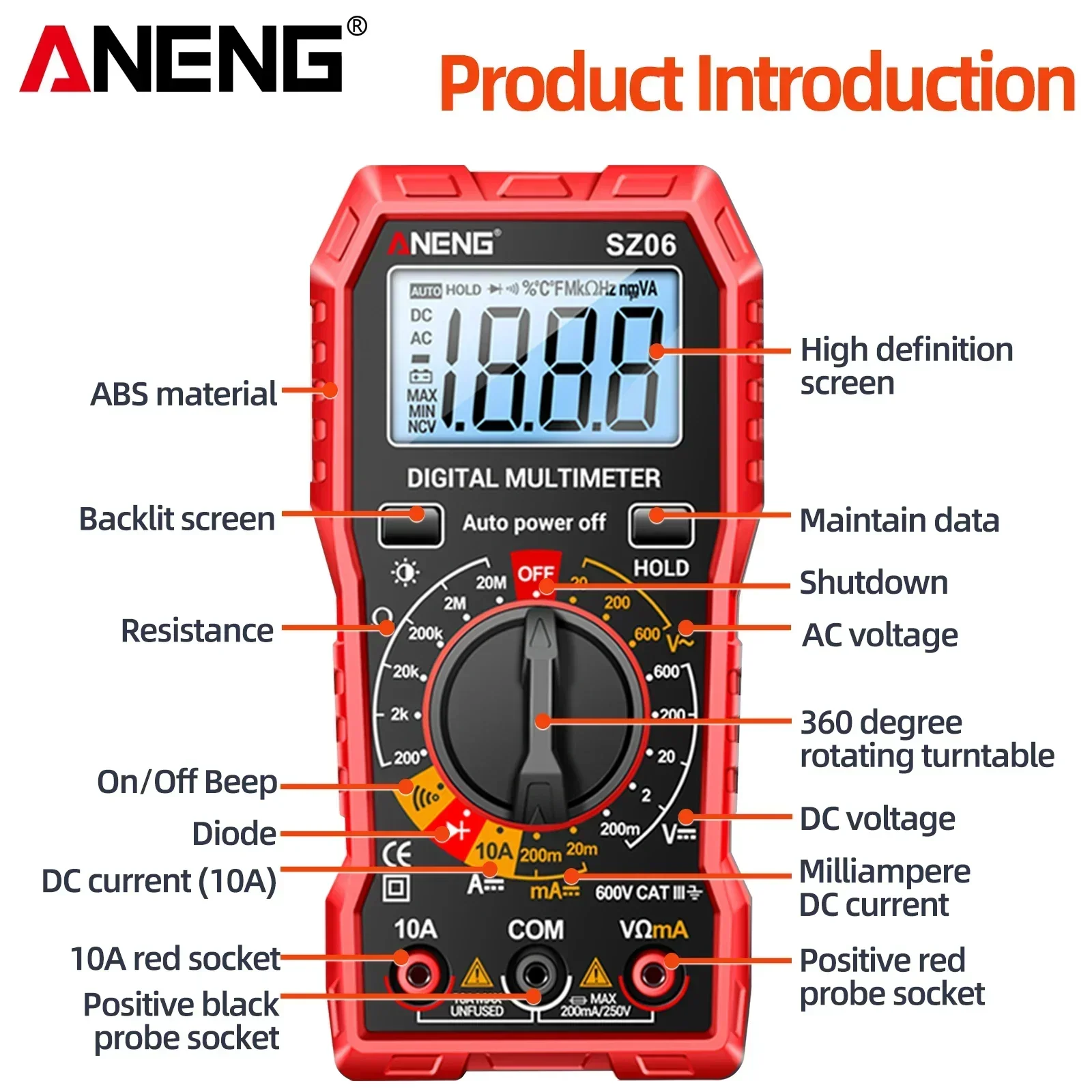 ANENG 스마트 디지털 멀티미터 600V AC/DC 전압 멀티미터 2000 카운트 10A DC 전류 테스트 옴 저항 다이오드 테스트 도구