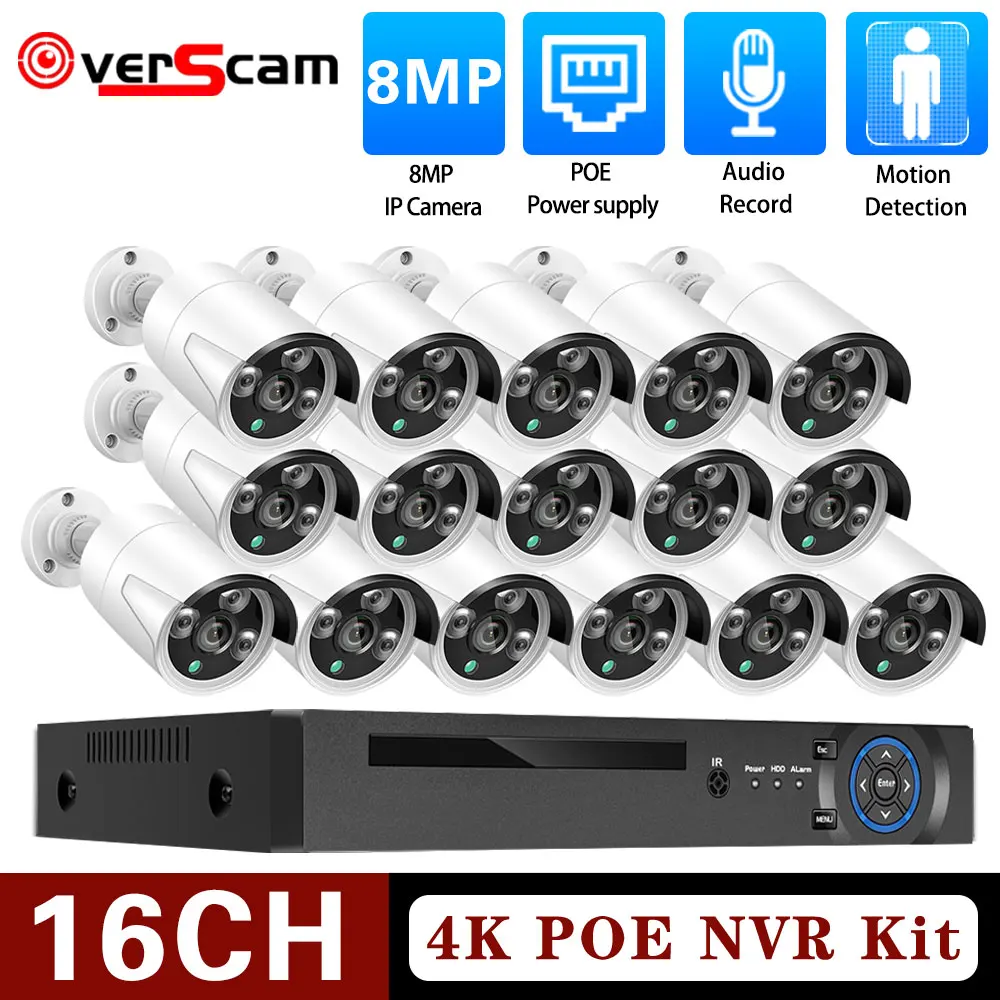 H.265 16CH 8MP 4K POE NVR CCTV System 16Ports 8MP Camera Outdoor Waterproof  Audio Microphone Camera Video CCTV Surveillance Kit