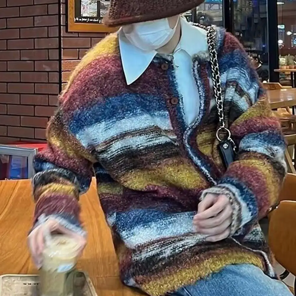 

Retro Striped Knitted Sweater Versatile Unisex Casual Autumn Winter Loose V-Neck Cardigan For Men Women