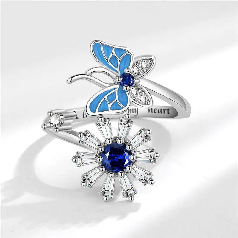 Fidget Spinner Ring Finger Ring Fashion Beads Anxiety Ring Korea Crystal Butterfly Flower Star Moon Ring Anti Stress Jewelry Gift