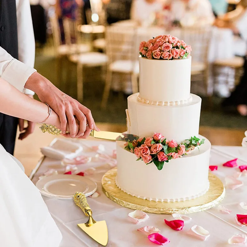 2Pcs/Set Gold Cake Cutting Set Cake Shovel Wedding Party Knife Server Kitchen Dessert Pie Fondant Divider Cutter Spatula