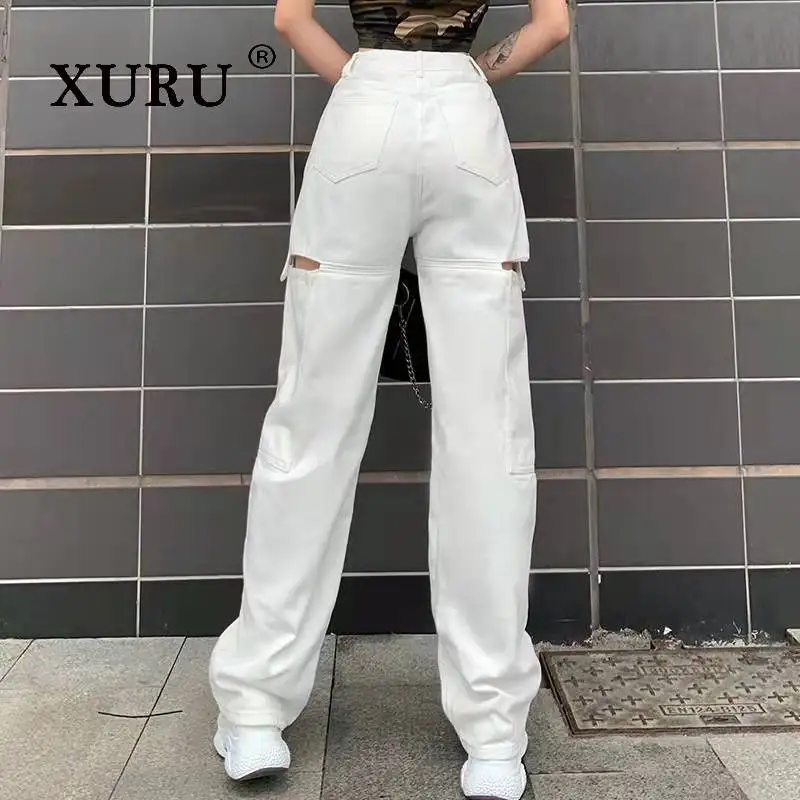 XURU - Europe and The United States New Pocket Jeans Women, Solid Color Loose Straight Hollow Pants Long Jeans N5-1004