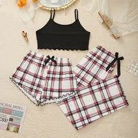 3Pcs Women's Pajama Set Camisole Shorts Trousers Three-Piece Bow Tie Home Wear Set Plaid Print Sleepwear for Women Christmas pjs - Image 5