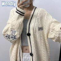 Limited Edition Folklore Cardigan Women Letter Patch Beige Knitted Cardigans with Star Embroidered Female Winter Autumn Sweaters 1