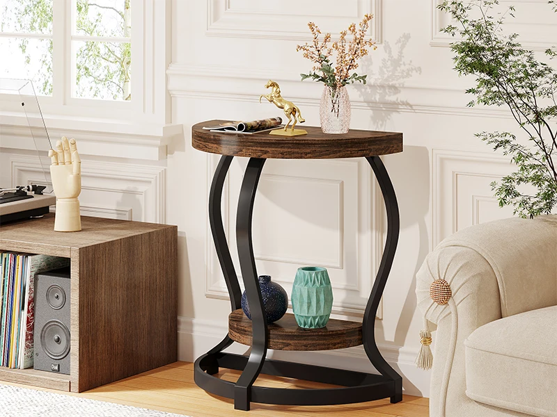 small round end table, thin side table, half round table, round end table