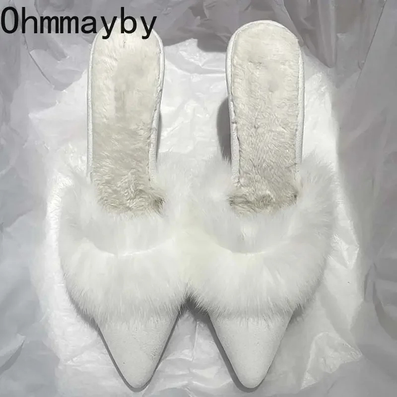 Spring Pointed Toe Mules Shoes 2024 Women Slippers Slip On Women Fashion  Girls Comfrot Heel Shoes Party High Heel Fur Sandals