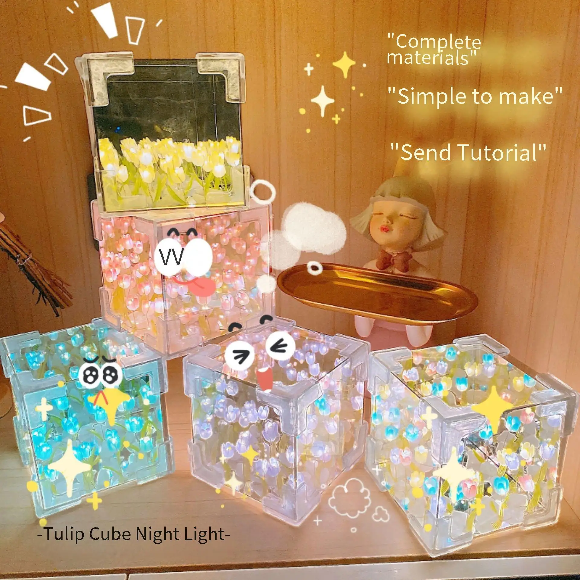 Flower Night Light Material Package 1pcs Handmade DIY Flower Cube Tulip Stereo For Girlfriend Couple Birthday Gift