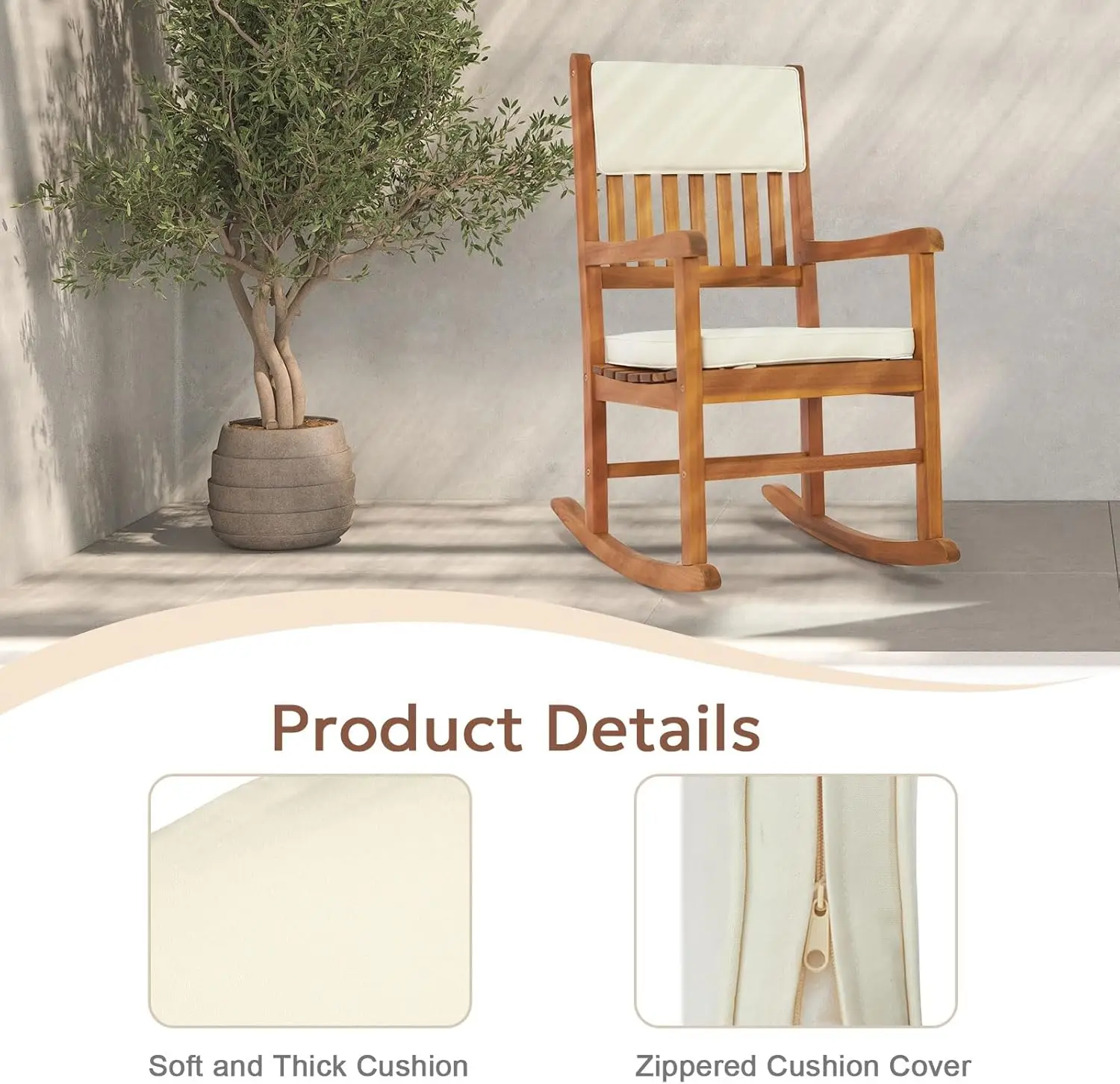 Outdoor Rocking Chair with Cushions, Wooden Rocker Support 550 LBS for Indoors & Outdoors, 1 Pack