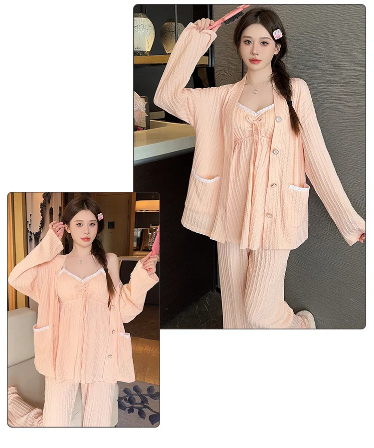 Koreanische sexy Pijama Mujer Frauen Pyjamas Set Baumwolle bequeme 3 Stück Nachtwäsche Brust polster Home Kleidung Winter Pyjamas Femme – Detail 6
