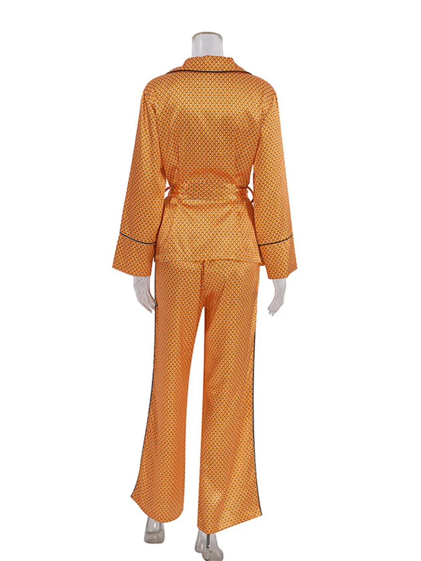 Marthaqiqi Fashion Ladies Pajama Set Turn-Down Collar Nightwear Long Sleeve Robe Lace Up Sleepwear Pants Printing Winter Nightie