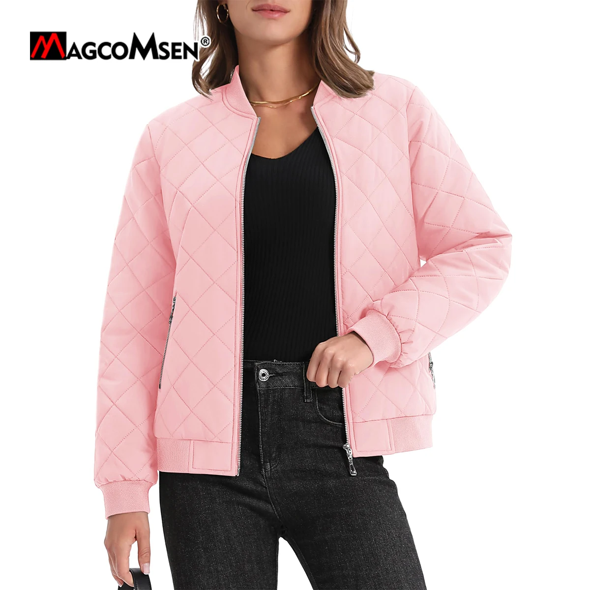 MAGCOMSEN 여성용 에비에이터 재킷, 따뜻한 겨울 패딩, 편안한 캐주얼 재킷, 지퍼 포켓, 풀 지퍼 