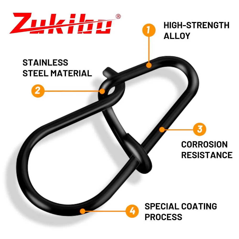 ZUKIBO 50/100pcs Bait Connector Black Swivel Stainless Steel Hook Connector Clip Fishing Accessories Against Seawater