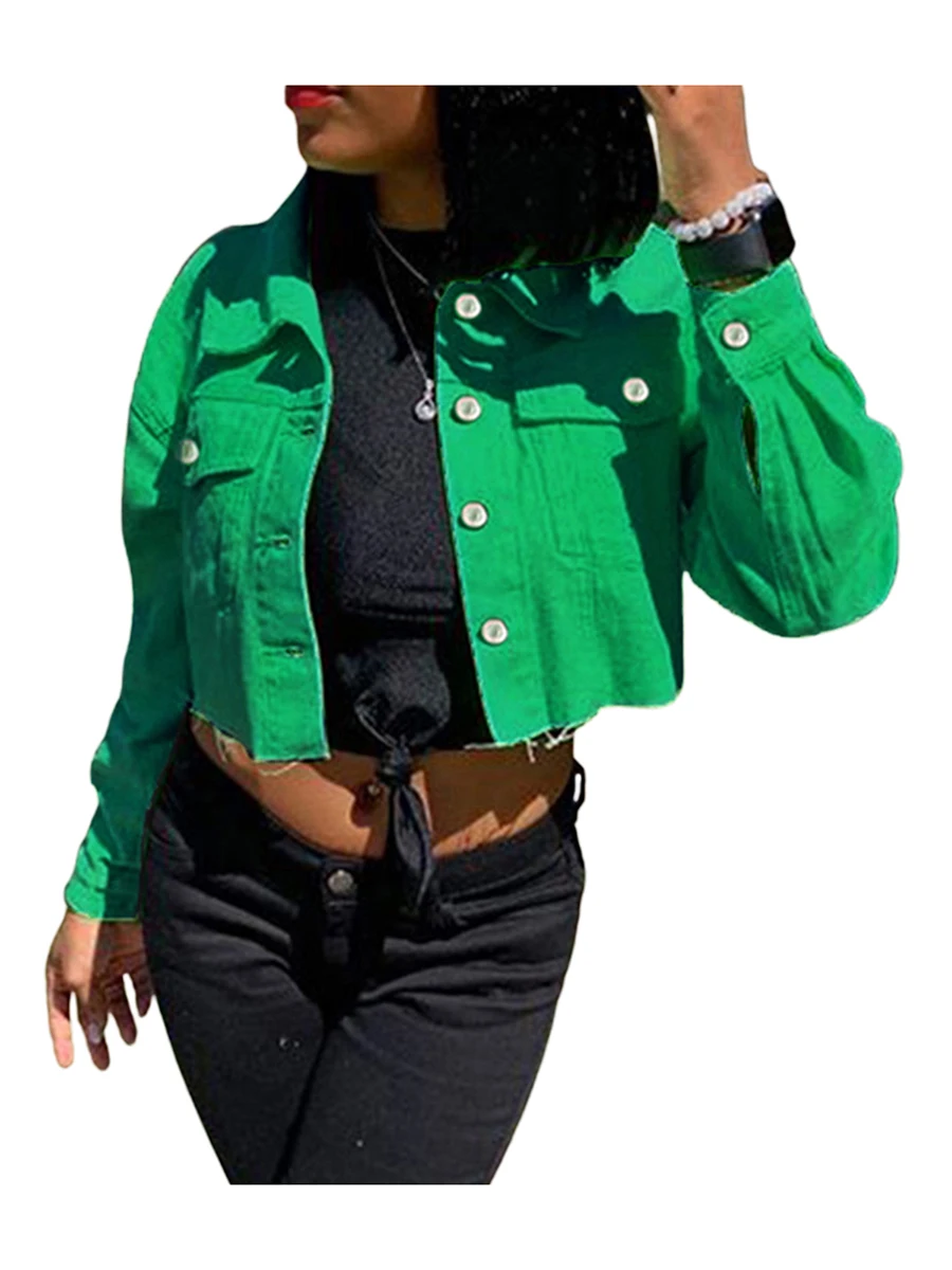 Denim Short Jacket For Women Long Sleeve Lapel Jacket Lady Spring Autumn Button Down Distressed Hem Crop Jeans Coat