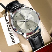 POEDAGAR Luxury Fashion Men's Quartz Watch Waterproof Luminous Date Week Man Watch Simple Leather Business Watches For Men Reloj