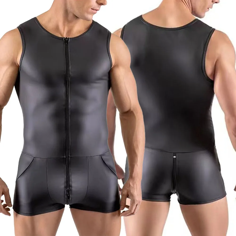 Men Sexy Wet Look Patent Leather Bodysuit Sleeveless Jumpsuit Tight Fitness Thong Zip-up Open Crotch Leotard Erotic Clubwear