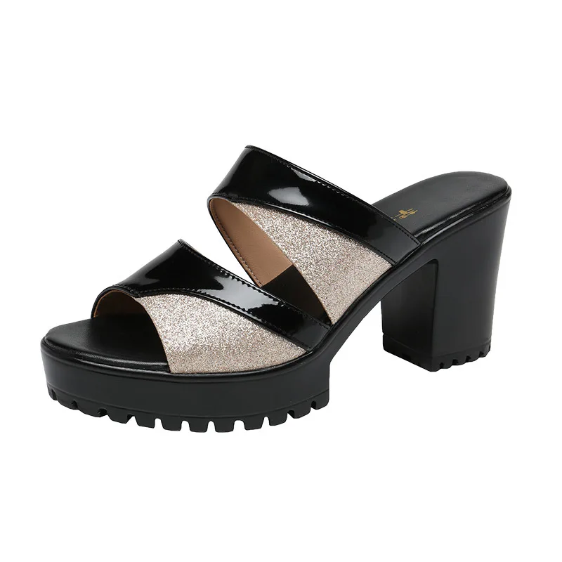 

Elegant Patent Leather Shoes Women's Platform Slippers Summer 2023 Block High Heels Slides for Office Mom Plus Size 41 42 43