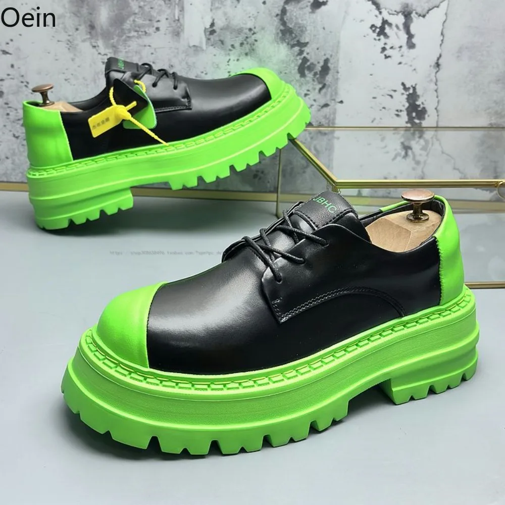 Mens Round Toe Genuine Leather Wingtips Platform Lace Up Chunky Heel Derby Shoes British Styles