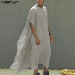 INCERUN 2023 Muslim Style Men's Long-style Kaftan Robe Casual Simple Robe Male Solid Well Fitting Short Sleeve Jubba Thobe S-5XL