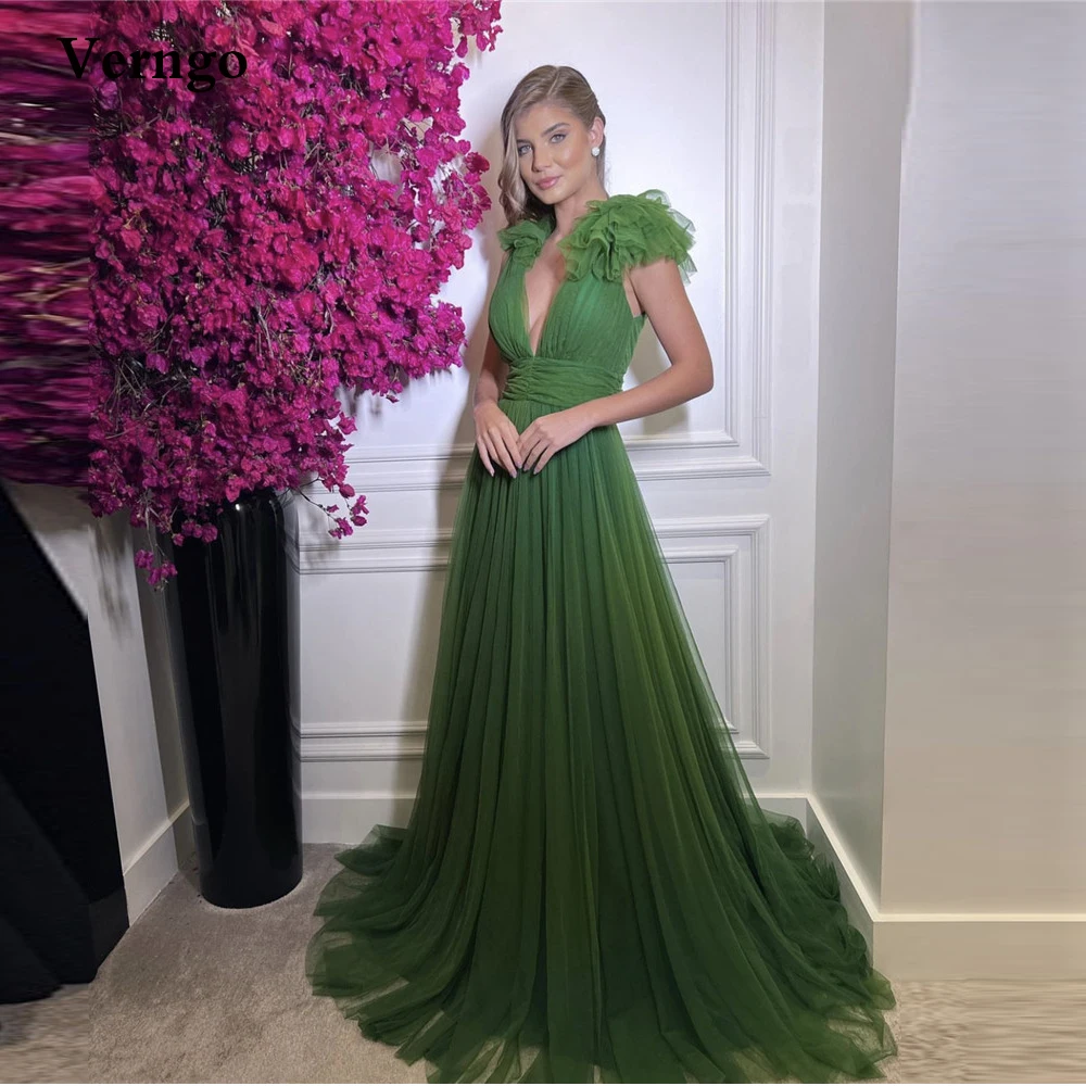 

Verngo Modern Green Tulle Long Prom Dresses Deep V Neck Ruffles Sleeves Sexy Women Evening Gowns Formal Event Occasion Dress