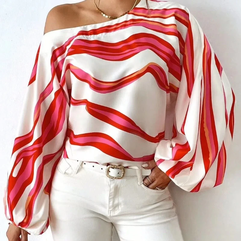 New women's clothing style off shoulder one collar printed loose top shirt 248