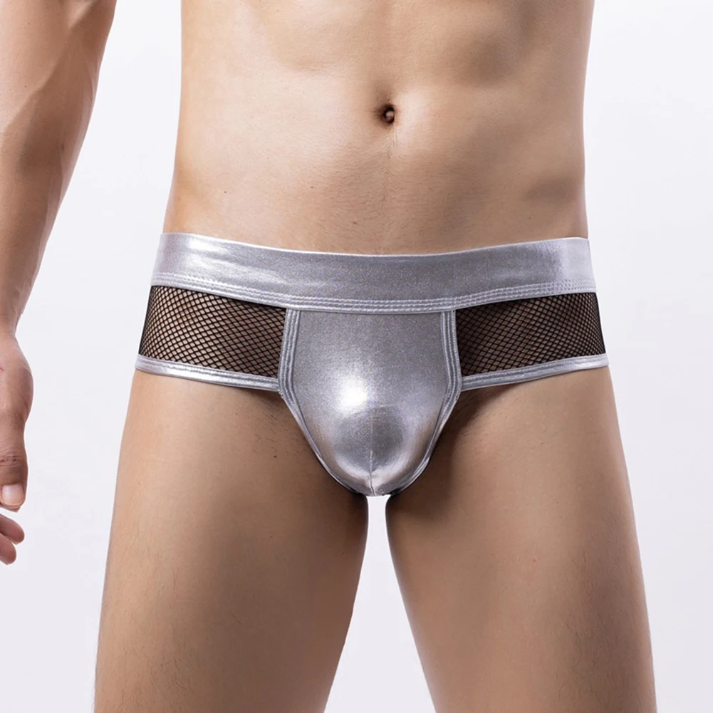 

Sexy Men Fishnet Boxers PU Leather Bulge Pouch Underwear Oil Shiny Briefs See-through Short Panties Seduction Erotic Lingerie