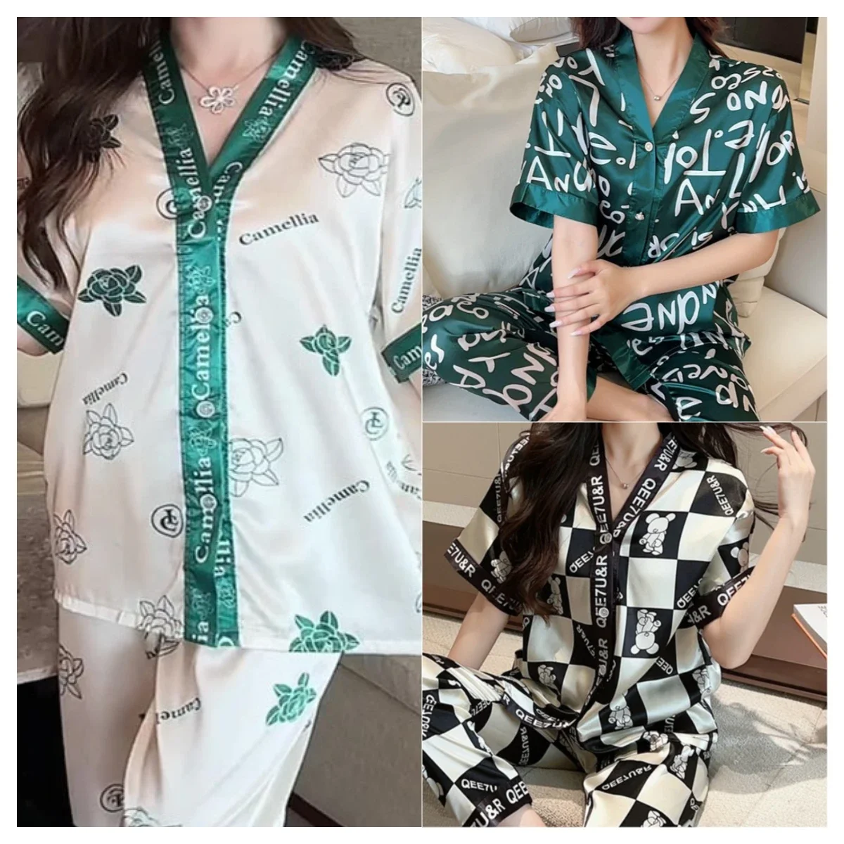 2 قطعة/مجموعة السيدات منامة السيدات المرأة الحرير الجليد قصيرة الأكمام السراويل الطويلة مجموعة كبيرة الدب منامة الفتيات صالة الملابس