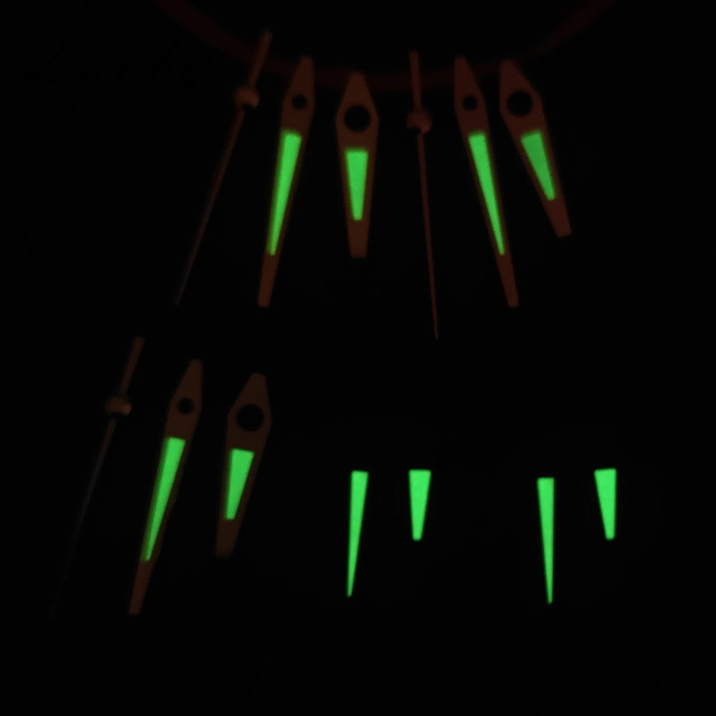 Silver, Black, Rose Gold, and Gold Watch Hands with Green Luminous Finish