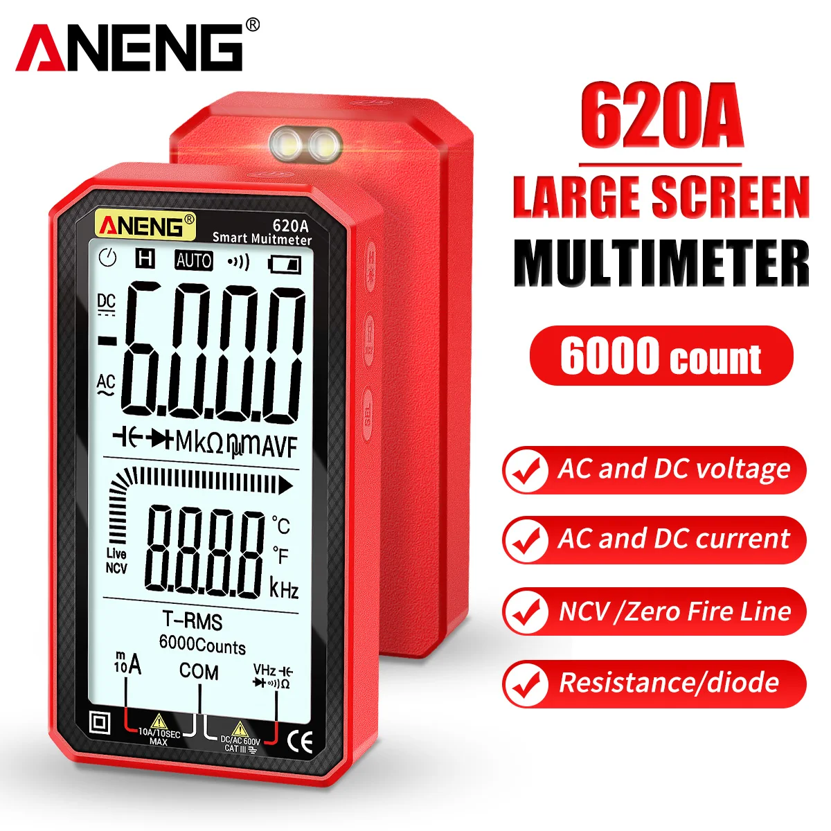ANENG 620A Digital Multimeter LCD Display AC/DC Ultraportable True-RMS Multimeter Auto-Ranging with Amp Volt Ohm Multi Tester