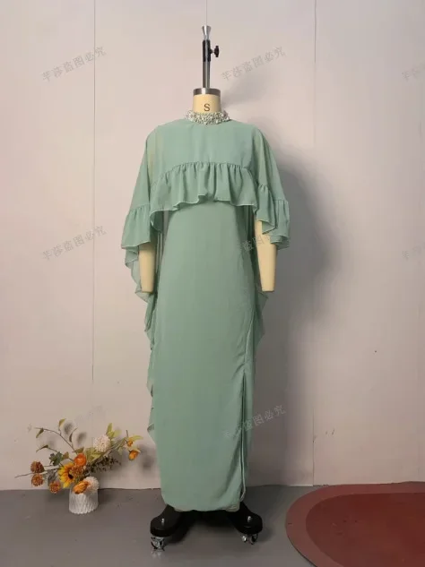 Abito lungo Abito da donna Scialle Abiti da cerimonia Set Ruffles Pieghe Split Abiti Party Vestito estivo Abiti eleganti femminili Abito maxi - immagine 4