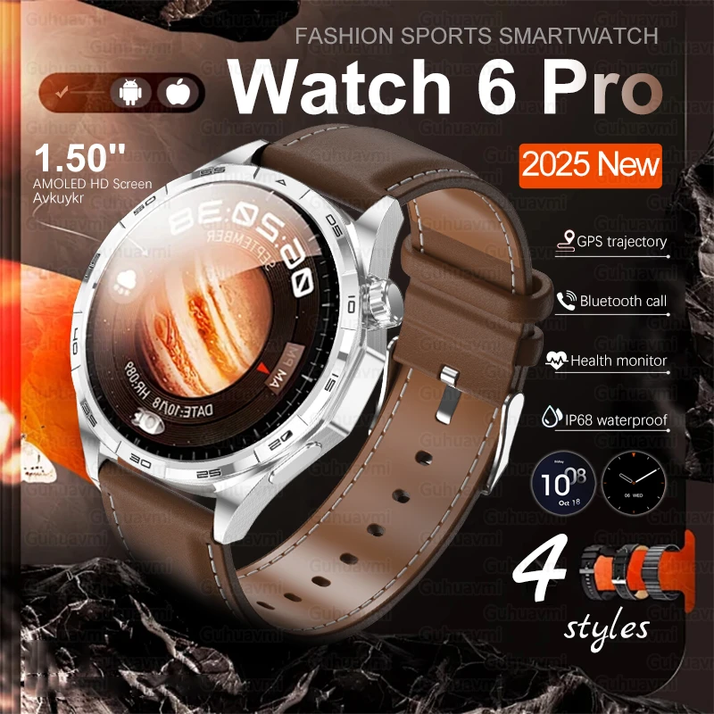 2026 New Watch 6 Pro Smart Watch Men HD AMOLED Screen GPS Motion trajectory Heart Rate Bluetooth Call SmartWatch IP68 waterproof