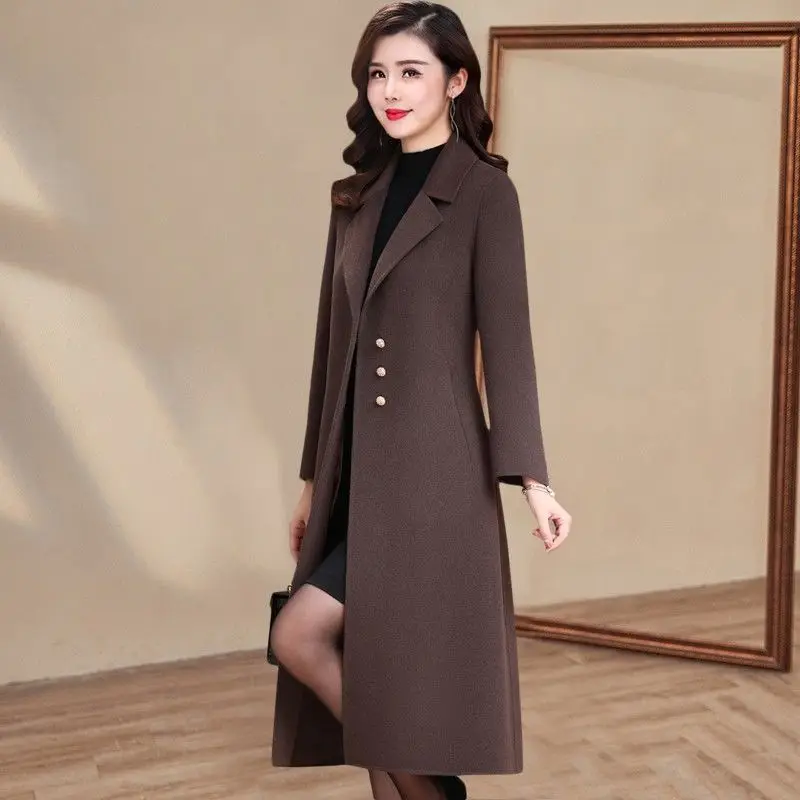 2023 Autumn Winter New Coat Mid Length Women Slim Fit Stylish Solid Color Woolen Coat Windbreaker
