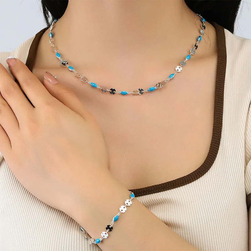 

Simple Fashion Sweet Romantic Blue Silver Color Two Tone Clavicle Chain Necklace Set Woman Bracelet Sequin Jewelry Charm Gift