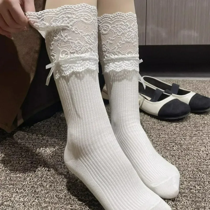 Lolita Women Harajuku Retro Lace Patchwork Mid Tube Calf Socks JK Frilly Ruffle Cotton Princess Girls Soft Wedding White Socks