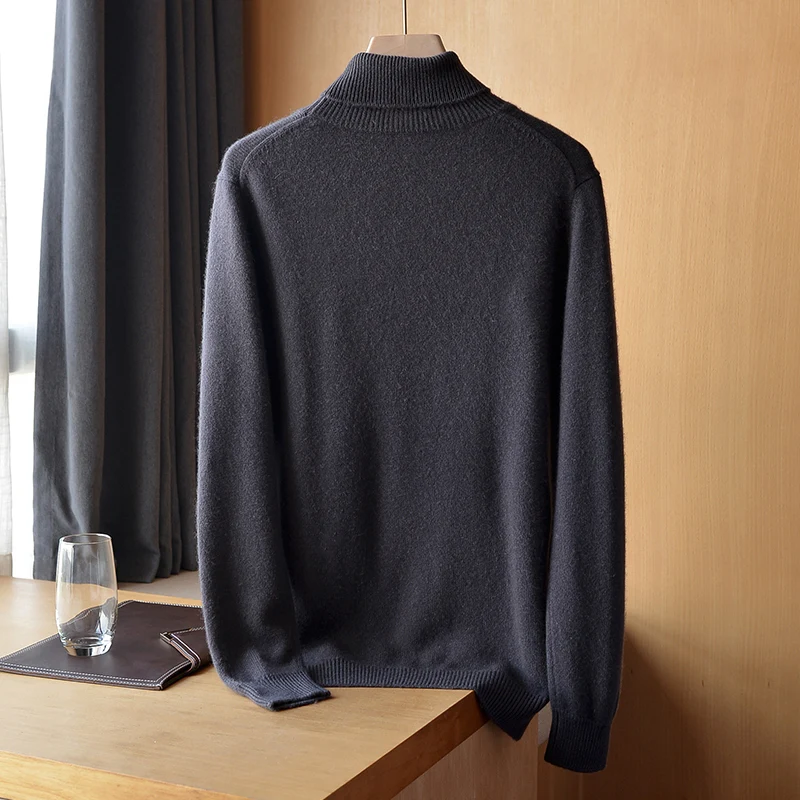 2023 Autumn Winter New Men's Thickened High Polo 100% Cashmere Knitted Pullover Sweater Solid Color