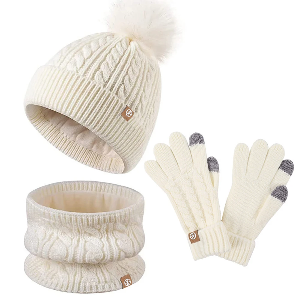 

Children Unisex Winter Warm Wool Knitting Set Beanie Gloves Scarf Christmas Hat Snow Velvet Fashion Children's Three Piece Set