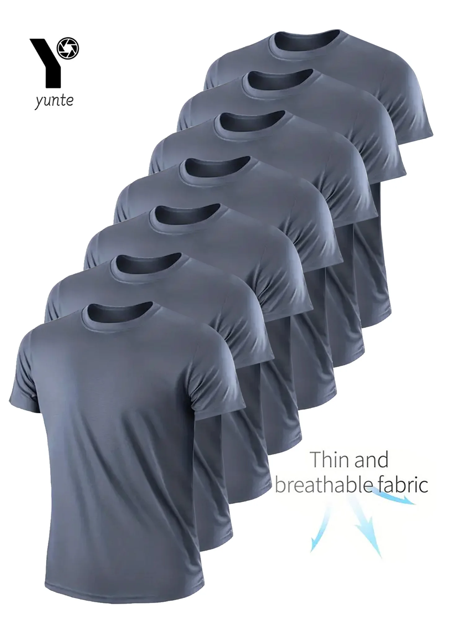 Camiseta Crew 7 piezas gris ultraligera para hombre, sudadera transpirable de secado rápido para fitness, gimnasio y correr, cuadros ligeros, pantalones cortos de secado rápido S