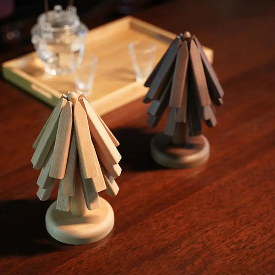 12 Pcs Foldable Wooden Trivet Set - 3 Sizes Tree Shape Hot Pads