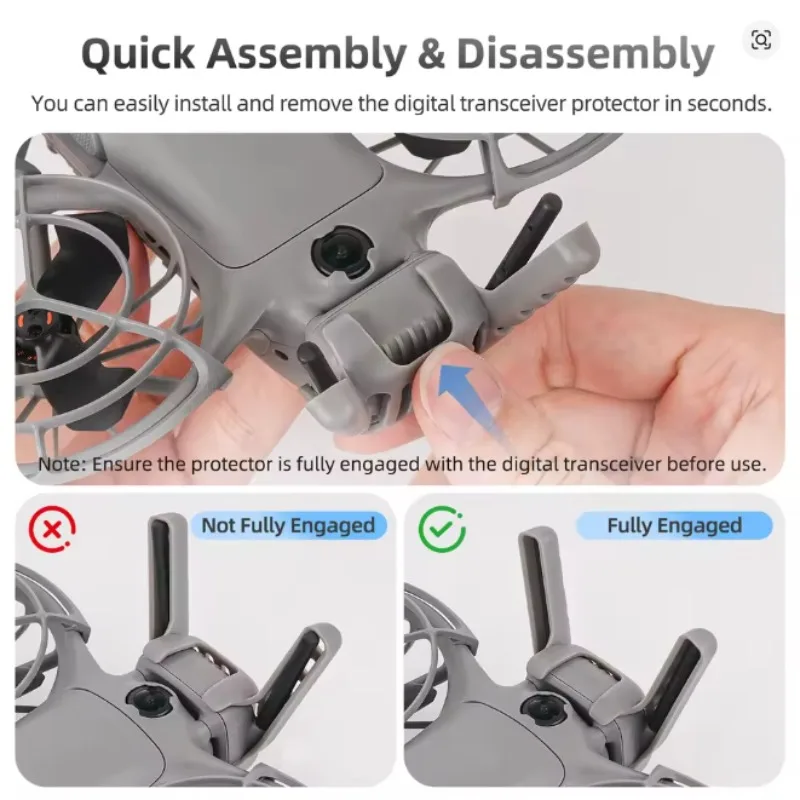 Détail du clip de fixation du protecteur d'antenne pour DJI Neo 2, assurant une tenue sécurisée contre les chocs.