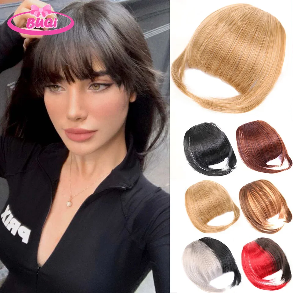 

BUQI Natural Straight Synthetic Blunt Bangs High Temperature Fiber Brown Women Clip-In Full Bangs With Fringe Of Hair 6 Inch.