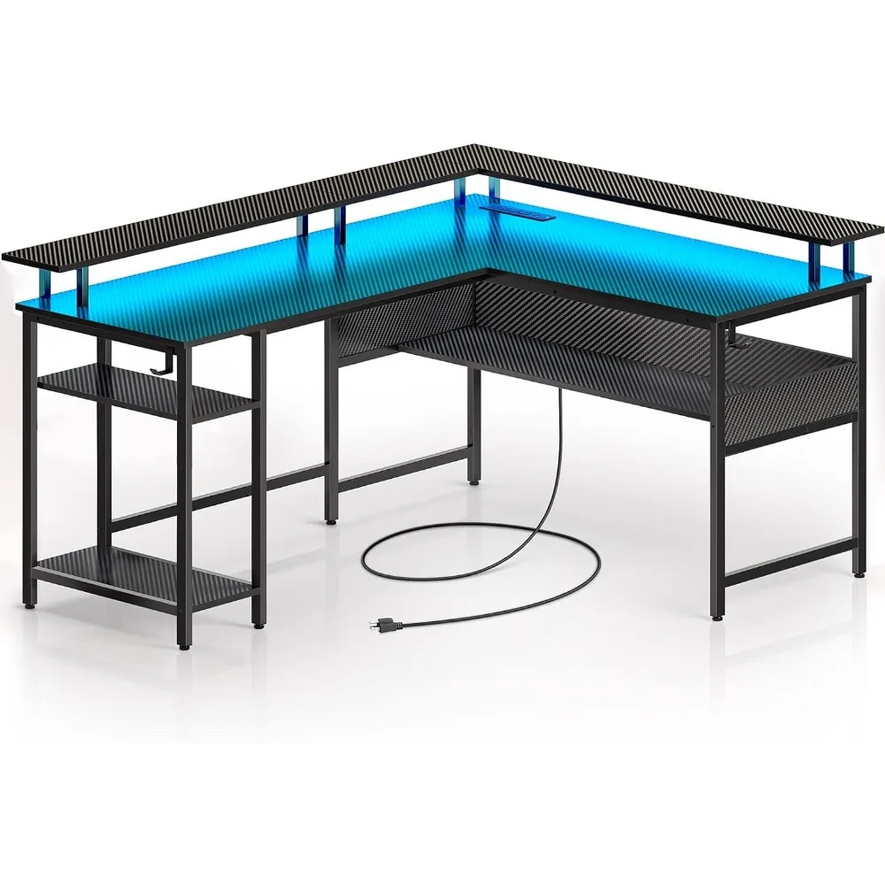 

2024 New Rolanstar Computer Desk L Shaped 59'' with LED Lights and Power Outlets, Reversible L Shaped Gaming Desk with USB Port