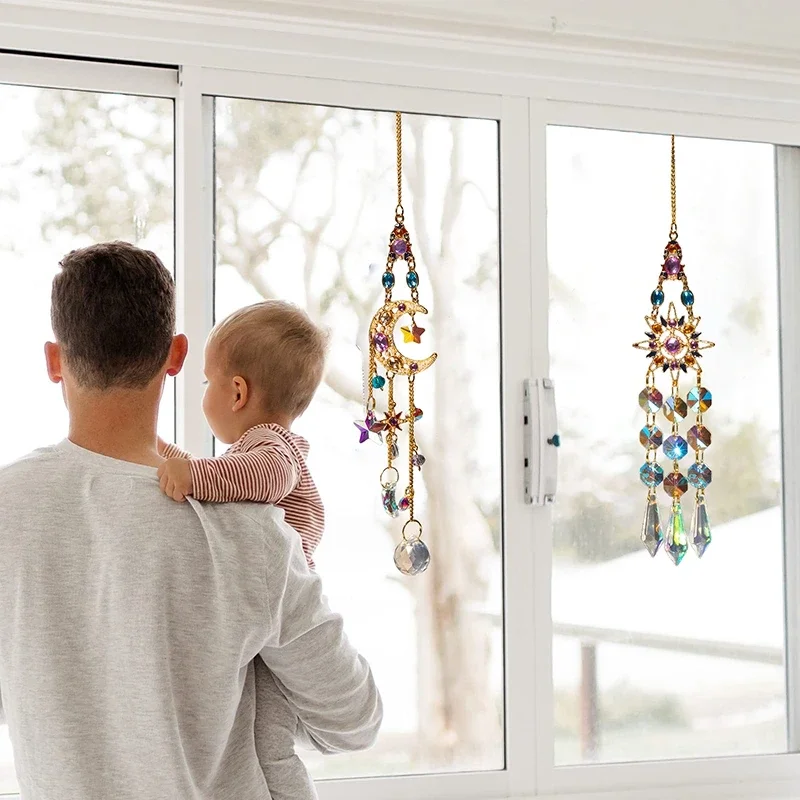 Sun catcher Suncatcher Crystal Pendant Window Prisms Rainbow Vintage Wind Chimes Sun Moon Hanging Light Catcher Home Garden Craft Decoration