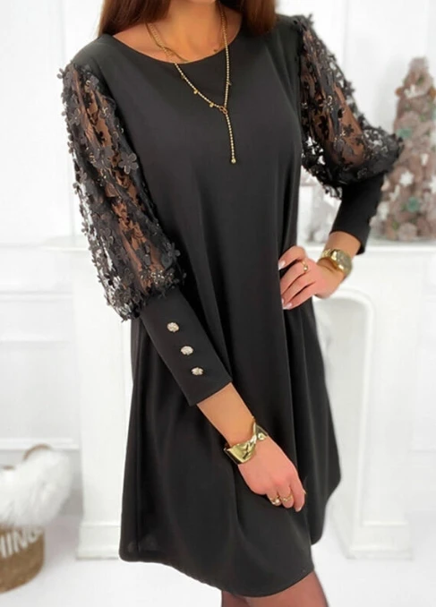 Solid Mid Rise Urban Casual Lace Hollow Sleeve Mid Length Dress for Women's New Hot Selling Fashion 2023 Stock