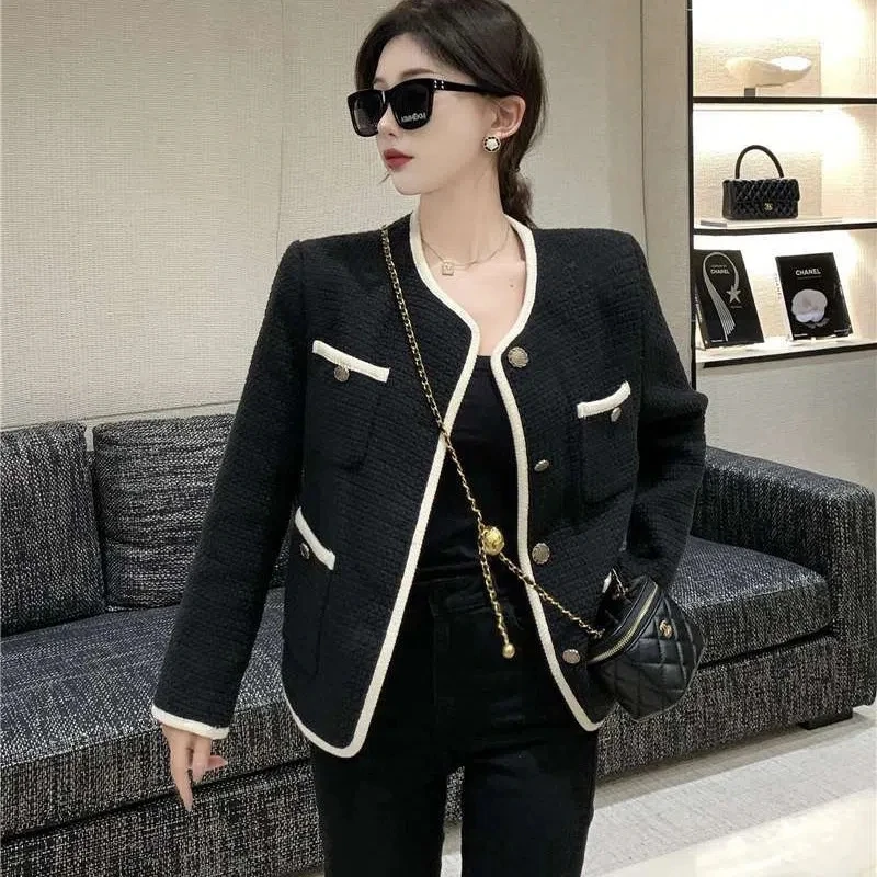 

Black White Contrast Color Tweed Jackets 2022 New Arrivals High-End Long Sleeve Vintage Short Jacket Korean Fashion Women Coat